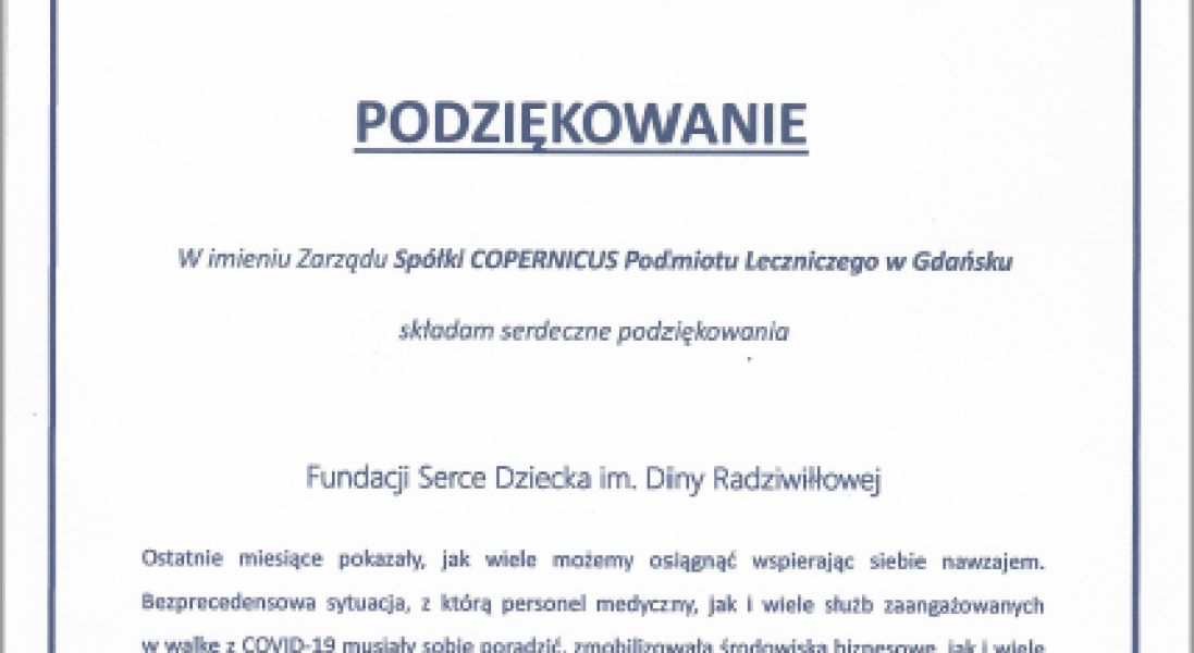 Podziękowania dla Fundacji od Copernicus z Gdańska