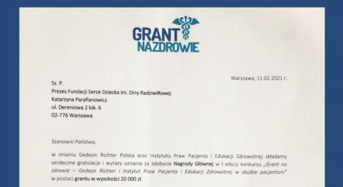 Dyplom za zwycięstwo w konkursie ’Grant na zdrowie