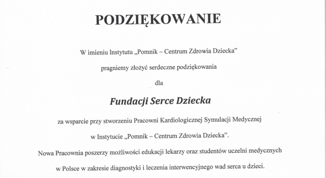 Podziękowania z Centrum Zdrowia Dziecka